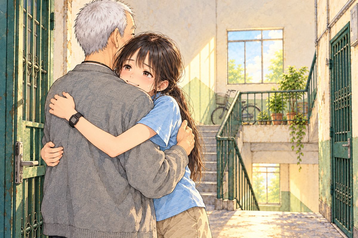 Late afternoon sun. In the open gateway Xiaoyu hugs Grandpa tight, both arms round him; he stands on the LEFT with his back half to us, his big hand patting her back. Her face rests on his shoulder towards us, smiling, her eyes wet. Her black watch on her LEFT wrist on his back. Her face in the middle band. The pale wall above is the quiet area.