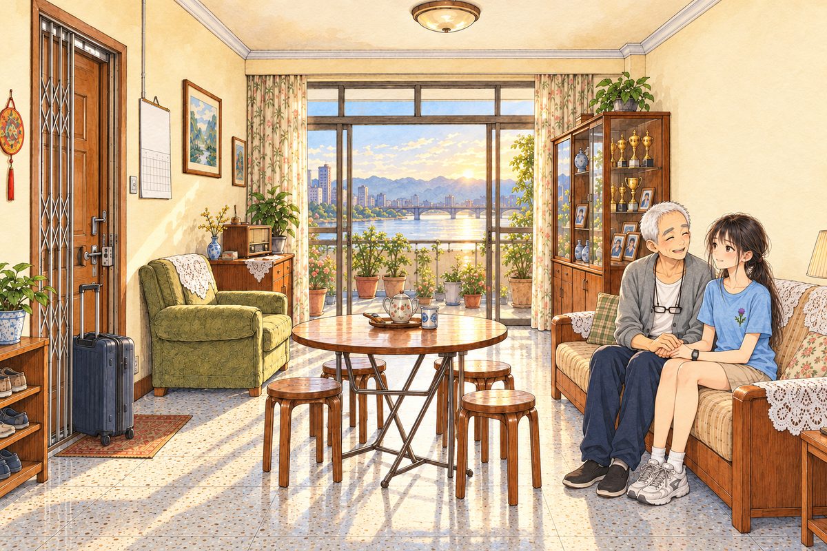 Saturday evening, six o'clock, warm gold light from the balcony doors. Grandpa and Xiaoyu sit side by side on the beige sofa with its white lace covers, Grandpa on the LEFT holding her hand in both of his on his knee and talking, happy; Xiaoyu on the RIGHT listening, smiling. Her suitcase stands by the door. Two faces in the middle band. The cream wall above is the quiet area.