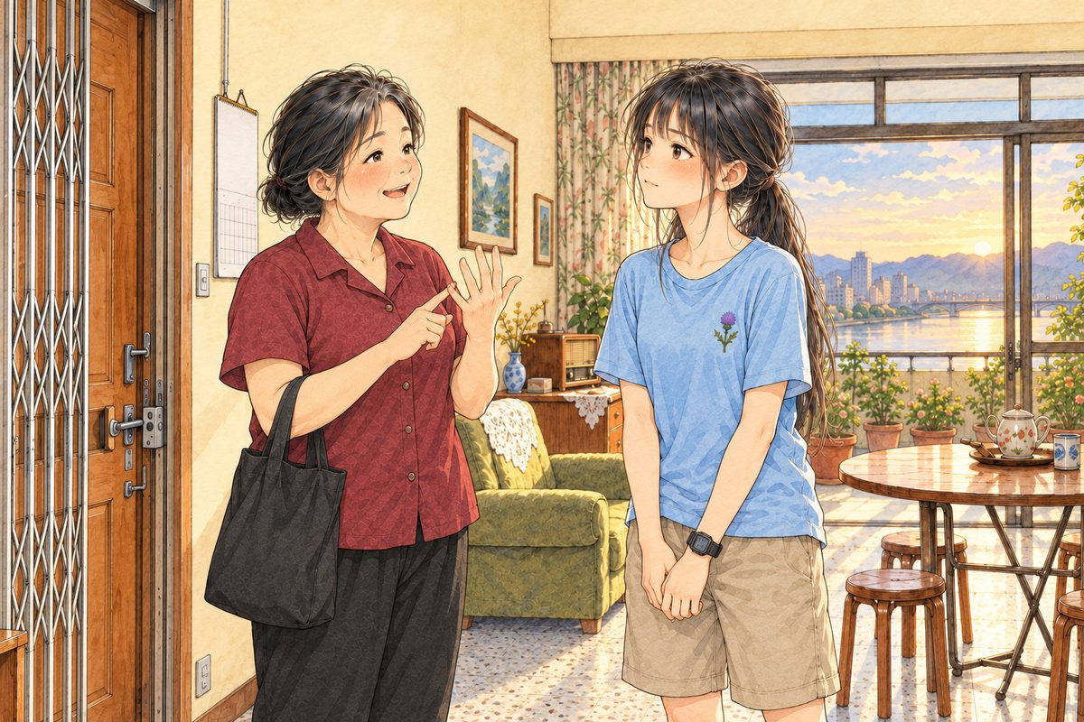 Saturday evening, six o'clock, gold light. Auntie Zhang in her plum-red blouse stands by the front door on the LEFT with her cloth bag on her arm, ready to go home, counting on her fingers as she tells Xiaoyu how the days go. Xiaoyu on the RIGHT listens, then lifts her chin, sure of herself. Two faces in the middle band. The cream wall above is the quiet area.