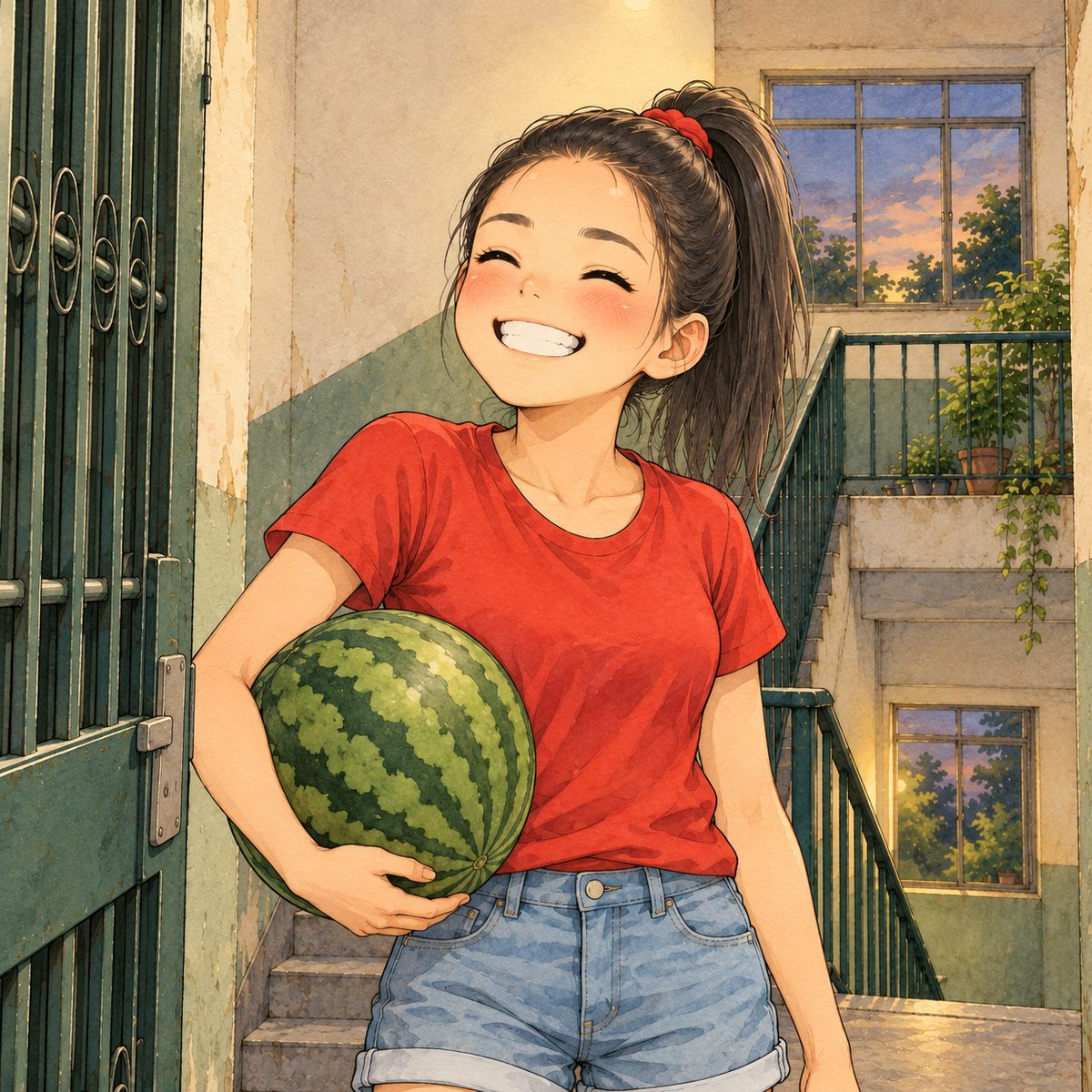 Evening, the landing bulb on. Lili, sixteen, in her red t-shirt, her tight high ponytail with its red tie, stands in Grandpa's open gateway holding a big round green watermelon against her hip with her RIGHT arm, grinning hugely, looking LEFT into the room. Her face in the middle of the panel. The watermelon and her t-shirt below are the quiet area.
