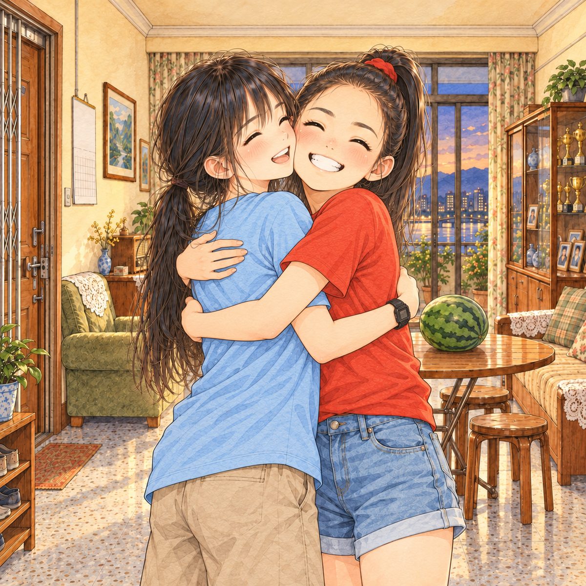 Evening, warm lamplight now. Xiaoyu on the LEFT and Lili on the RIGHT hug, laughing, the watermelon put down on the round table beside them. Both faces in the upper middle, Lili's over Xiaoyu's shoulder towards us. Their backs and arms below are the quiet area.