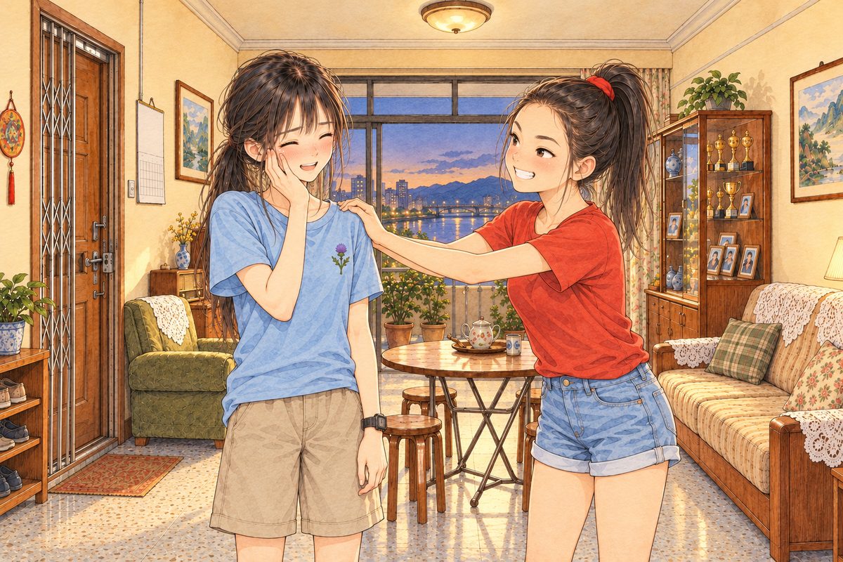 Evening lamplight. Lili on the RIGHT, her hands on Xiaoyu's shoulders at arm's length, grins sideways, teasing. Xiaoyu on the LEFT goes red and covers her cheek with her RIGHT hand, laughing. Two faces in the middle band. The cream wall above is the quiet area.