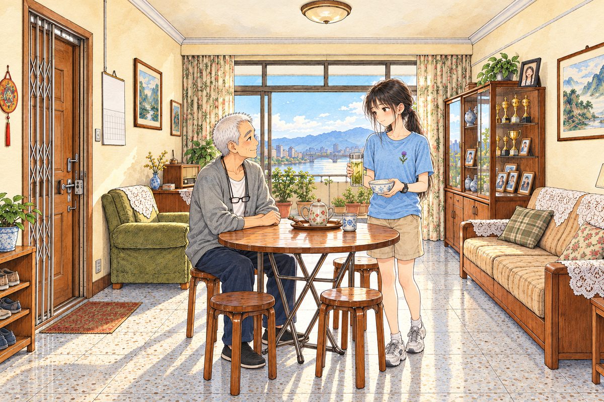 Monday morning, eight o'clock, bright summer sun through the balcony doors. Grandpa sits at the round folding table on the LEFT in his grey cardigan, his glasses on their cord at his chest. Xiaoyu has just come in from the kitchen and stands in the middle holding a tall clear glass of green tea in her RIGHT hand and a small bowl of rice porridge in her LEFT. On top of the glass cabinet on the RIGHT stands the small black-framed photo of young Grandma Meilan, facing the room. Two faces in the middle band. The cream wall above is the quiet area.
