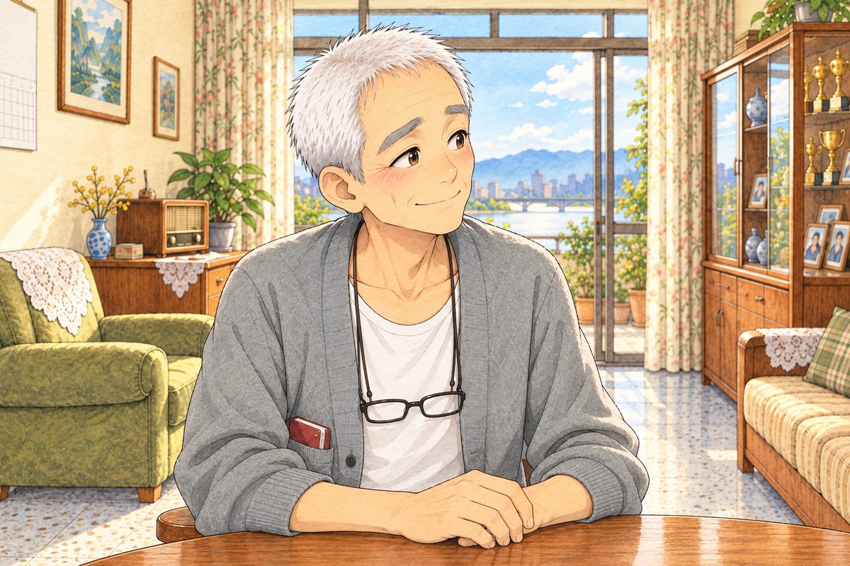 Bright morning light. Grandpa looks RIGHT, past Xiaoyu off panel, and gives a little nod across the room, gentle and sure, as if everyone knows what he means. His face in the middle of the panel. His cardigan below is the quiet area.