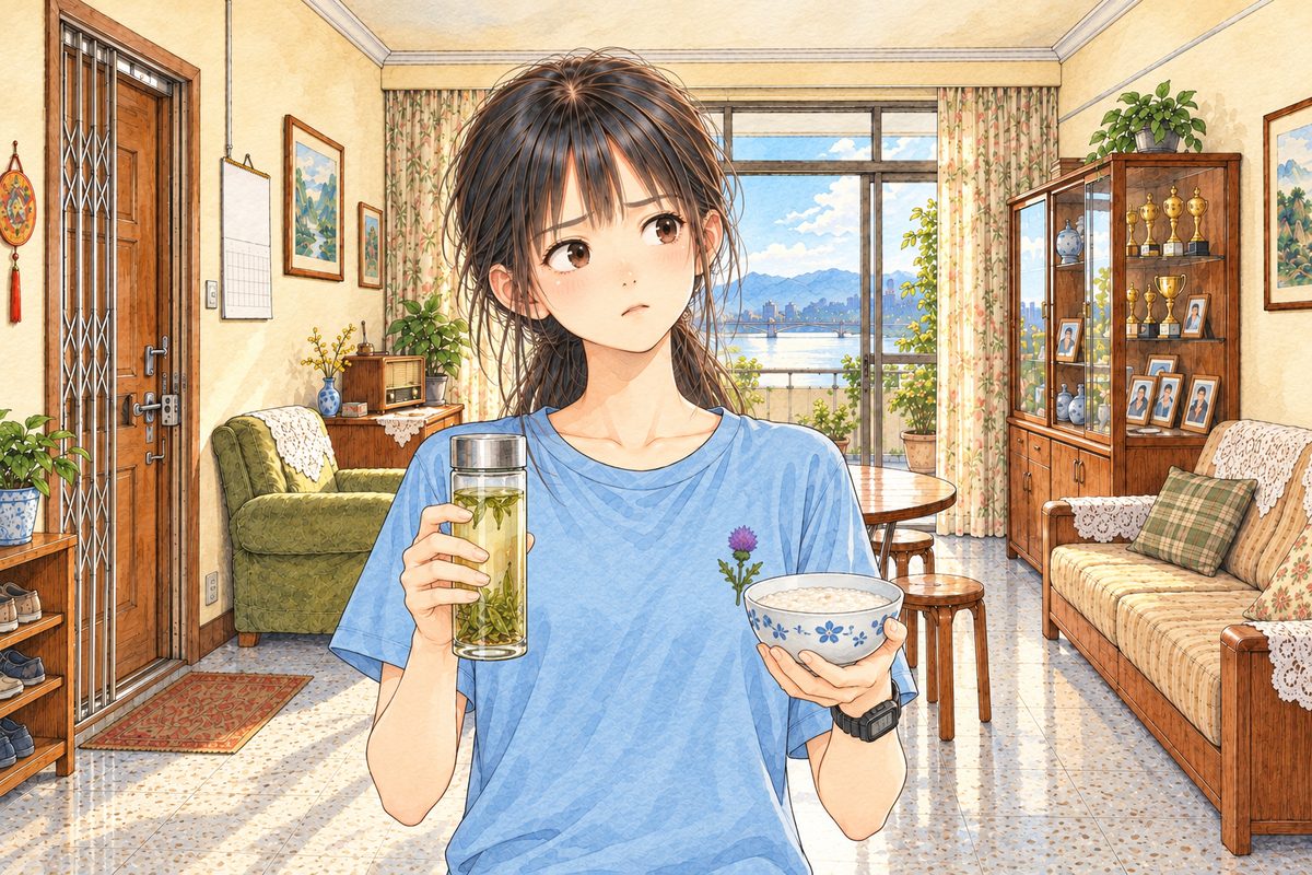Bright morning light. Xiaoyu stands with the tall glass of tea in her RIGHT hand and the bowl of porridge in her LEFT, looking down at them, then away, puzzled, working it out. Her black watch on her LEFT wrist. Her face in the middle of the panel. Her t-shirt and the bowl below are the quiet area.