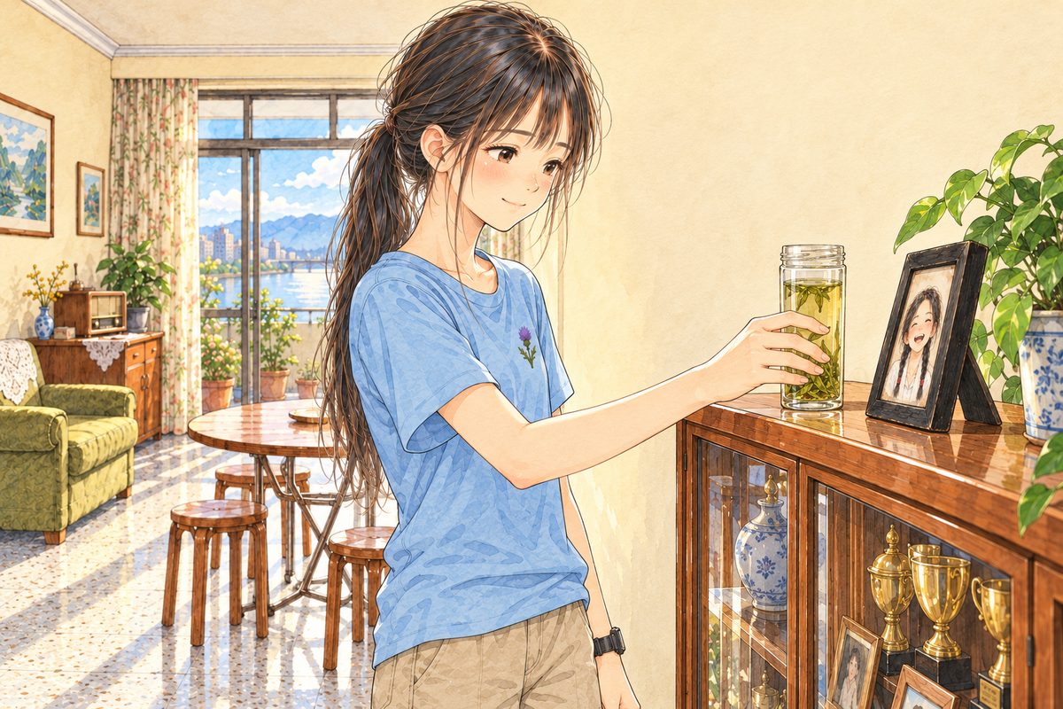 Bright morning light. Xiaoyu has put the bowl down and sets the tall glass of green tea on top of the glass cabinet beside the small black-framed photo of young Grandma Meilan, with her RIGHT hand, looking at the photo with a soft smile. The photo faces her and the room; we see it from the side. Her face in three-quarter in the middle band. The cream wall above is the quiet area.