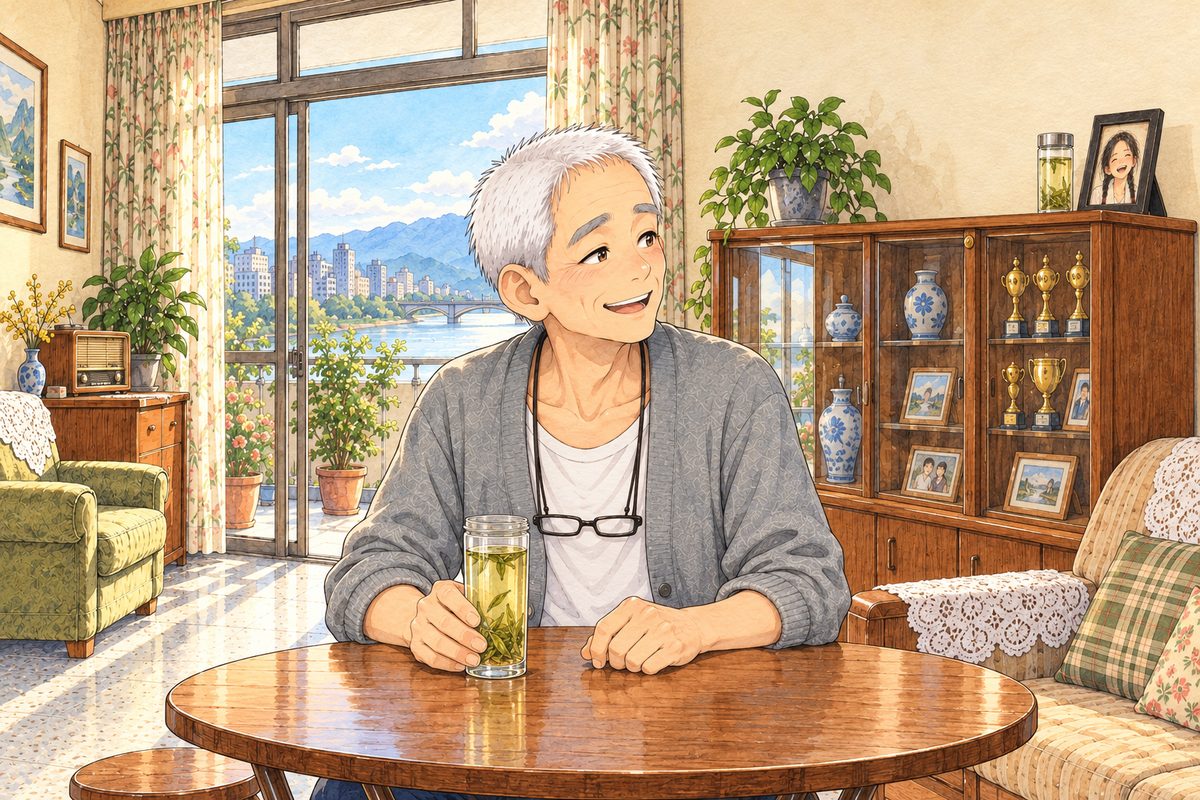 Bright morning. Grandpa sits at the round table and smiles, pleased, looking RIGHT at Xiaoyu off panel; behind him on the RIGHT, on the glass cabinet, the tall glass of tea stands by Grandma's photo. His face in the middle band. The cream wall above is the quiet area.