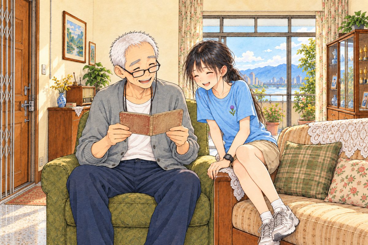 Monday, late morning, bright sun. Grandpa sits in his olive-green armchair on the LEFT with one small old picture booklet open in both hands, its open pages towards HIM and its faded cover towards us, his glasses ON his nose because he is reading; he laughs at himself. Xiaoyu sits on the arm of the sofa on the RIGHT, laughing with him. Two faces in the middle band. The cream wall above is the quiet area.
