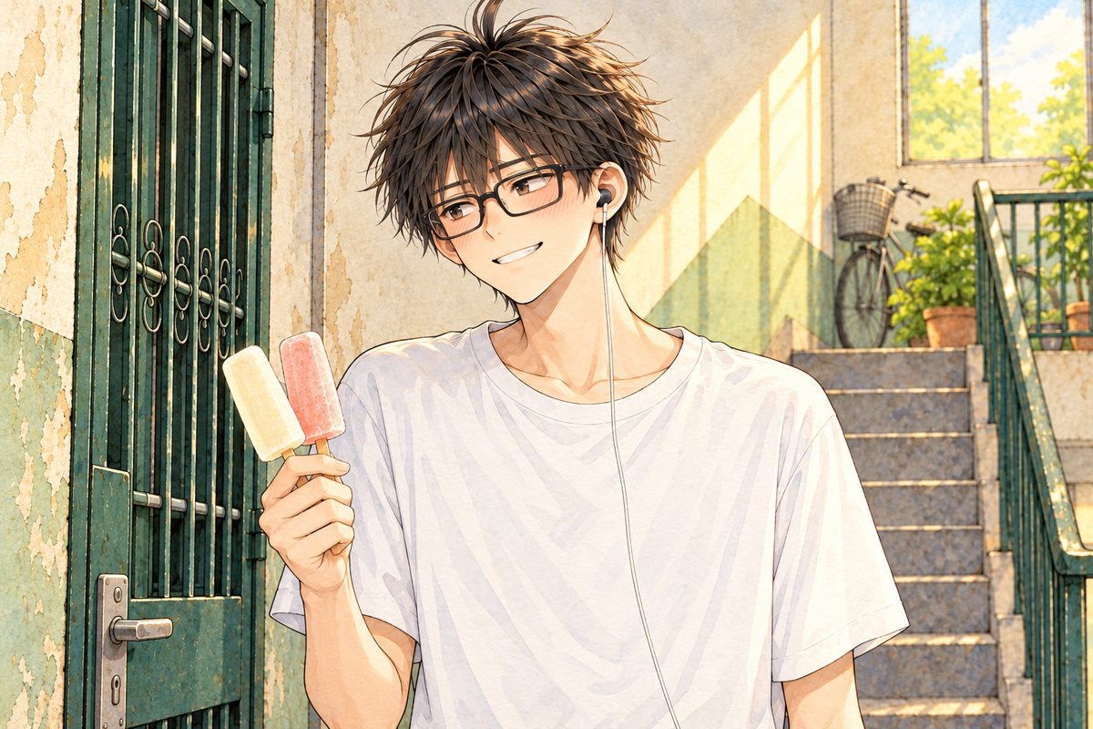 Monday afternoon, three o'clock, hot, gold light on the landing. Haoran stands outside Grandpa's dark green gate holding two ice lollies in his RIGHT hand, grinning, looking LEFT at Xiaoyu off panel; his earbud in his LEFT ear, on the viewer's right. His face in the middle of the panel. His white t-shirt below is the quiet area.