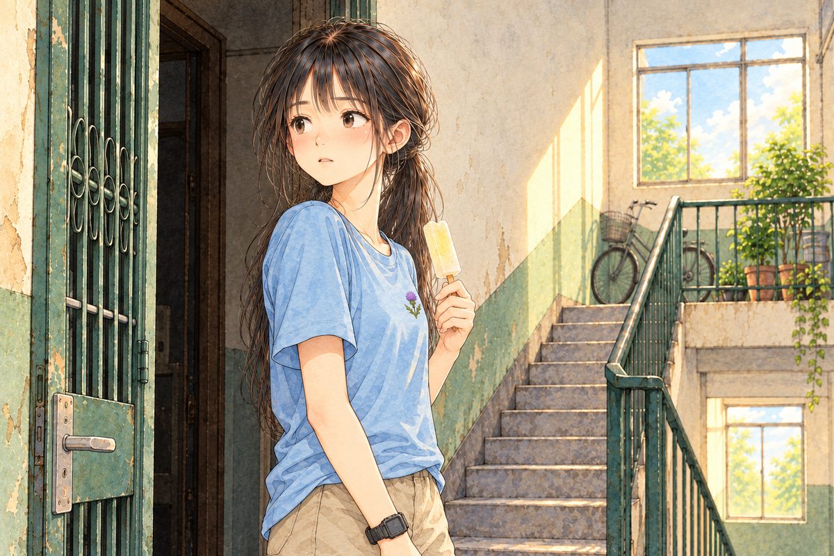 Afternoon light. Xiaoyu stands inside the open gate, an ice lolly in her RIGHT hand, and glances back over her shoulder into the dim flat behind her. Her face in three-quarter in the middle of the panel. The dim doorway below is the quiet area.