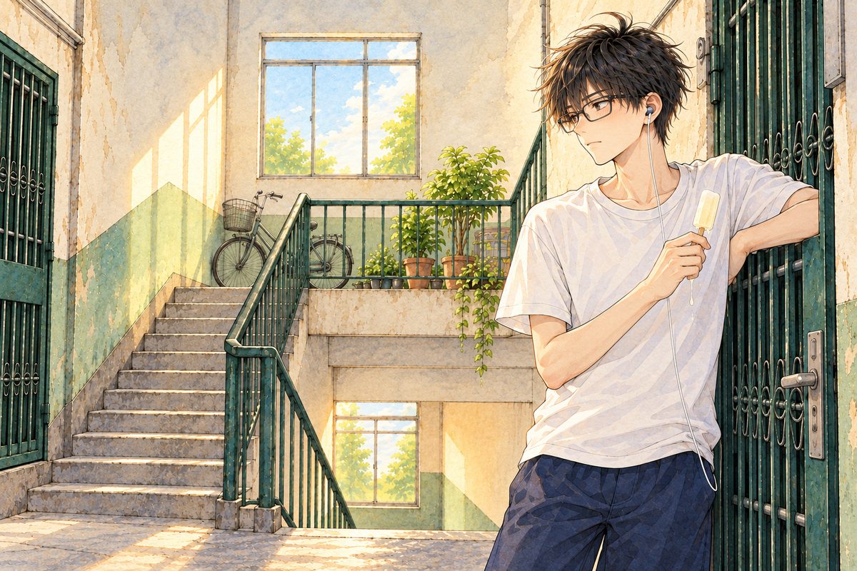 Hot afternoon light. Haoran leans his forearm on the gate bars, the ice lolly forgotten and dripping, looking LEFT at Xiaoyu, serious now. His earbud in his LEFT ear. His face in the middle band. The high window and the pale wall above are the quiet area.
