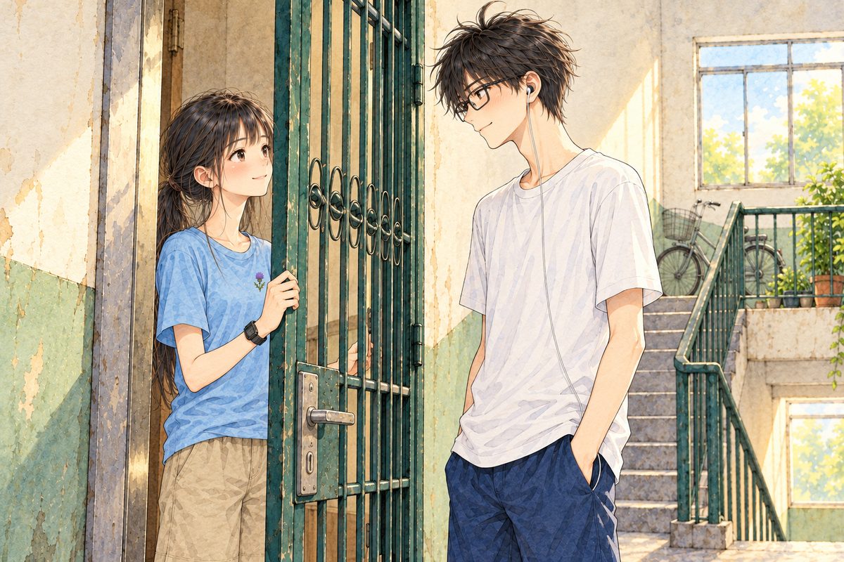 Hot afternoon. Xiaoyu inside the gate on the LEFT and Haoran outside it on the RIGHT, the bars between them. She has an idea and smiles at him; he smiles back. Her black watch on her LEFT wrist. Two faces in the middle band. The pale wall above is the quiet area.