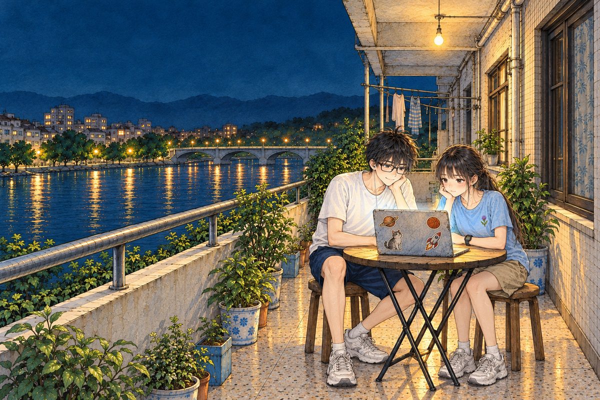 Night, ten o'clock, the warm bare bulb on, a dark blue-green sky, a few warm lights on the river below. Haoran on the LEFT and Xiaoyu on the RIGHT sit on stools at the folding table, his silver sticker laptop open between them, its back half to us, its glow on their faces. Pot plants along the wall. Behind Xiaoyu, Grandpa's dark window. Two faces in the middle band. The dark sky above is the quiet area.