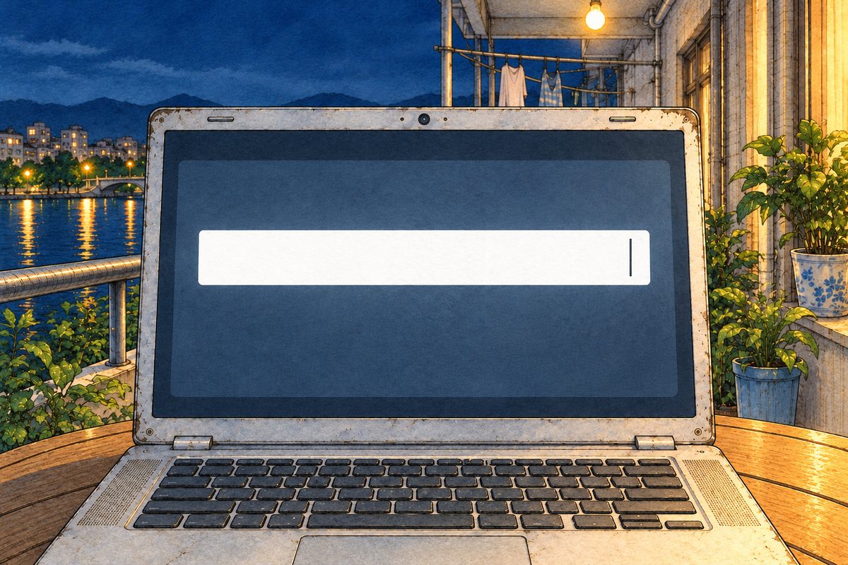 Night, the bulb's warm light at the edge. The laptop screen: one line of words in a plain white box, with the cursor blinking at the end. NO letters painted; the words are lettered in afterwards.