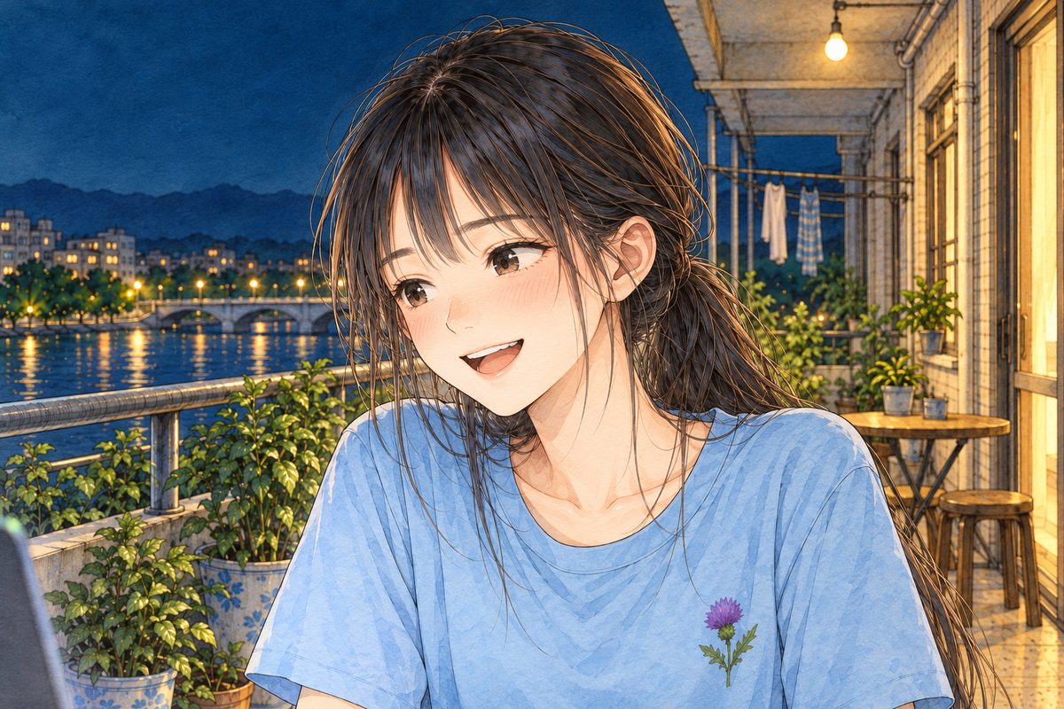Night, the laptop glow on her face. Xiaoyu looks LEFT at the screen off panel and laughs, as if it is too easy. Her face in the middle of the panel. Her t-shirt below is the quiet area.