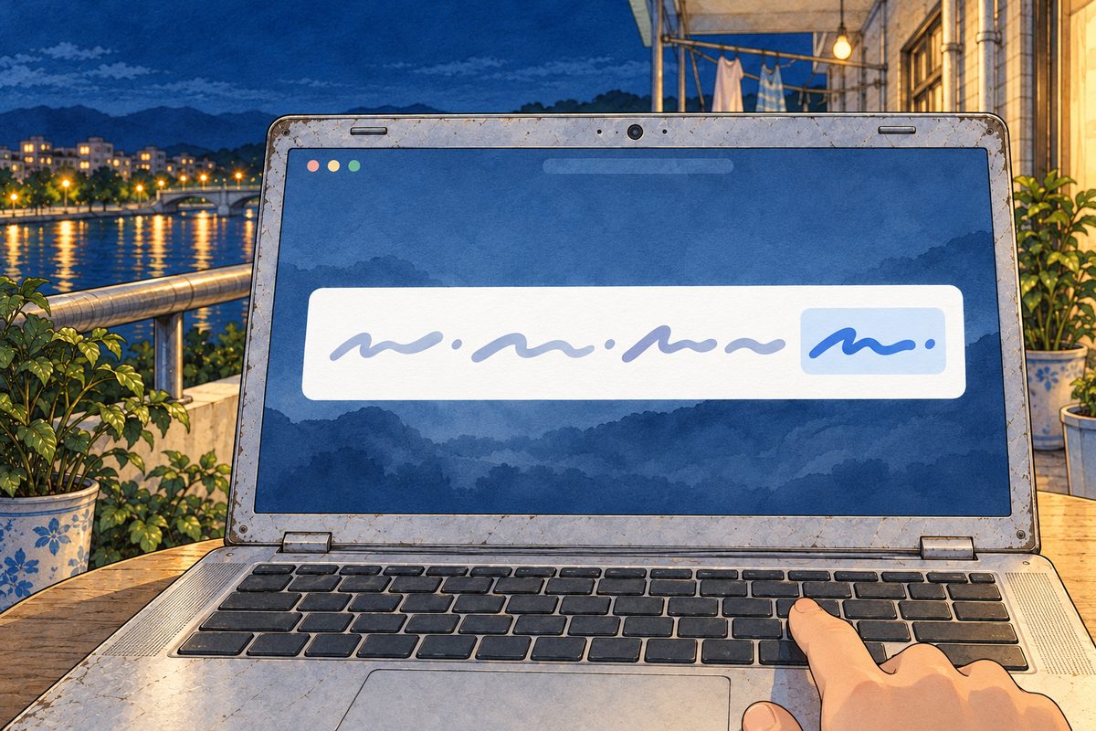 Night. The same laptop screen: the same line in its white box, now with its last word changed, and a boy's finger on a key at the bottom edge. NO letters painted.