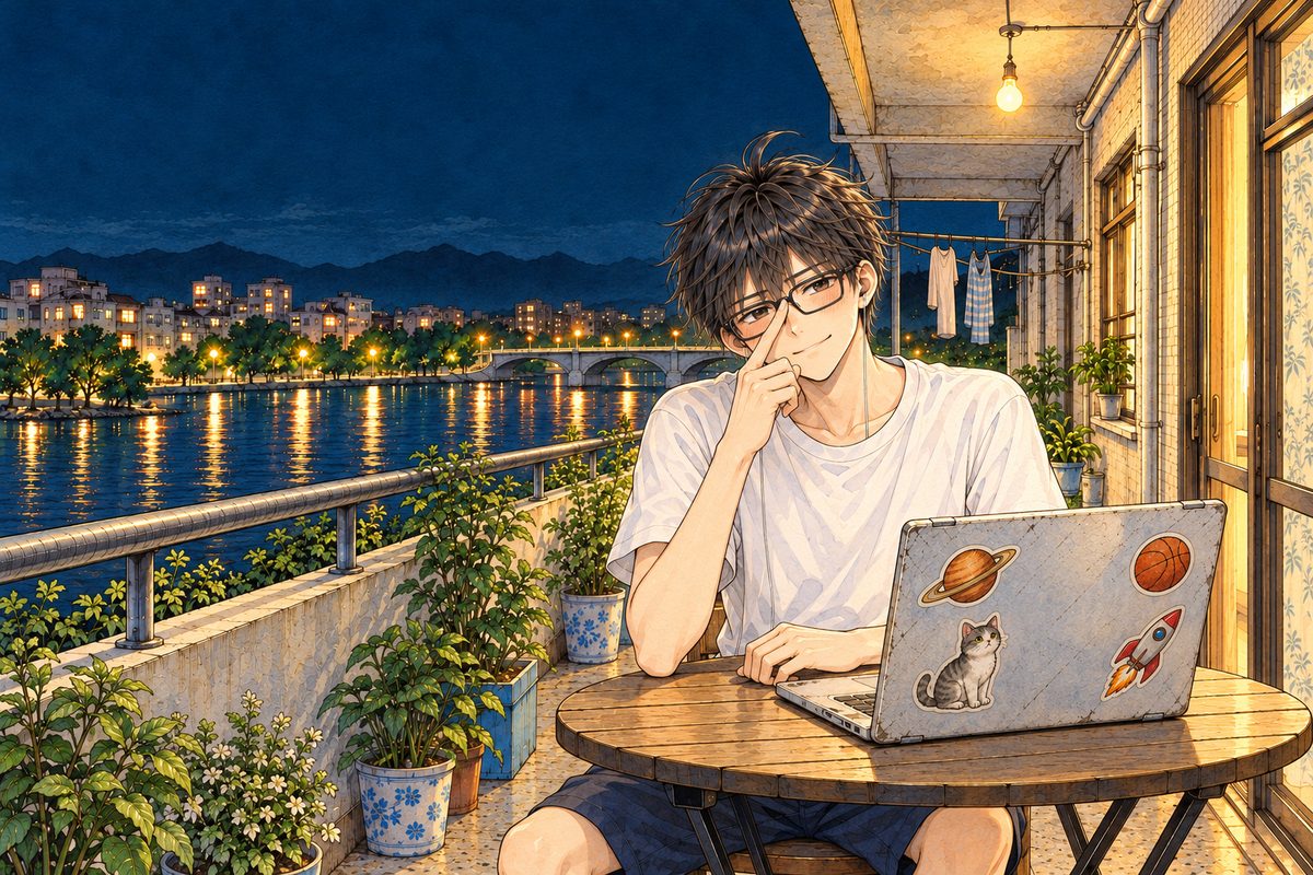 Night, the bulb above. Haoran sits at the folding table and pushes his glasses up with one finger, pleased, looking RIGHT at Xiaoyu off panel. His face in the lower middle of the panel. The dark sky above him is the quiet area for the box.