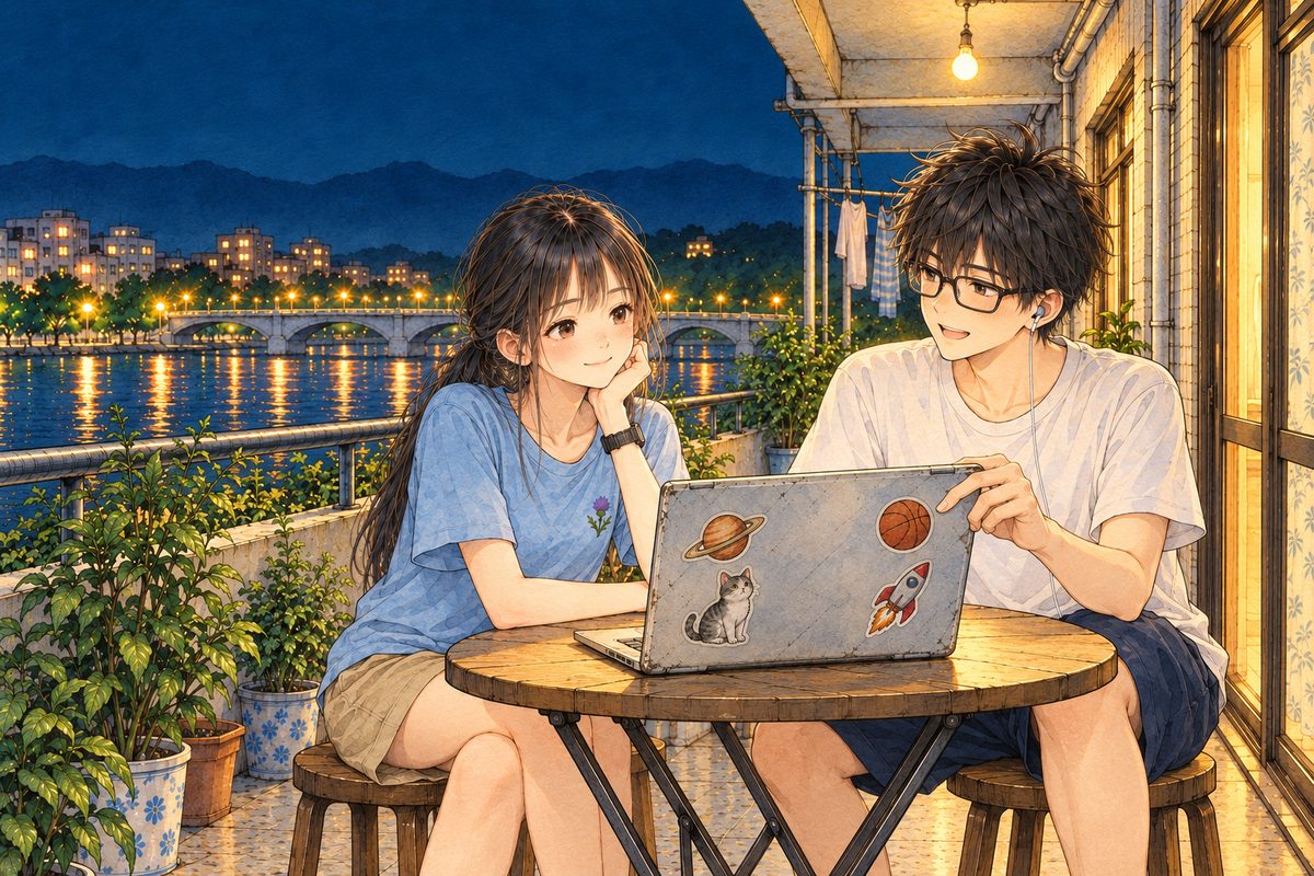 Night, the bare bulb, the river lights below. The camera has moved round: Xiaoyu sits on the LEFT, Haoran on the RIGHT, the laptop between them with its back to us. Xiaoyu smiles, thinking of someone; Haoran turns the laptop a little towards her, eager. Two faces in the middle band. The dark sky above is the quiet area.