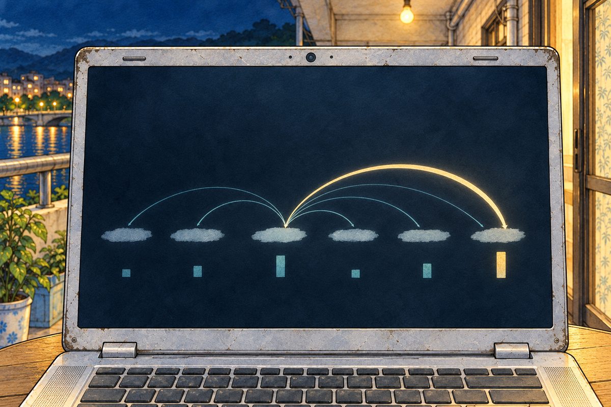Night. The laptop screen: the first line of words again, the one ending in 