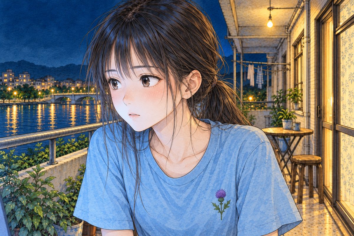 Night, the screen glow on her face. Xiaoyu leans in to look at the screen off panel on the LEFT, not laughing now, thoughtful. Her face in the middle of the panel. Her t-shirt below is the quiet area.