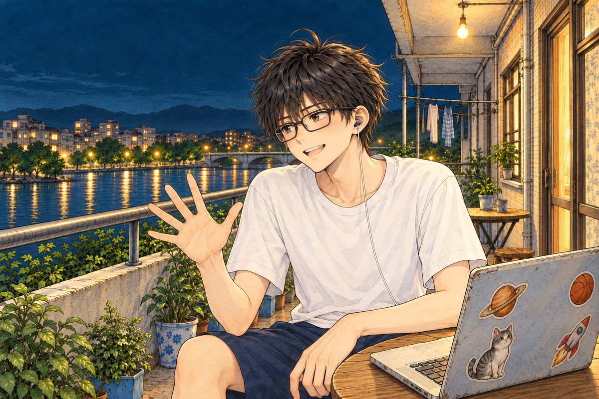 Night, the warm bulb. Haoran holds up one hand with the fingers spread as he explains, eager, looking LEFT at Xiaoyu off panel. His earbud in his LEFT ear is hidden on the far side of his head; the ear we see is bare. His face in the lower middle of the panel. The dark sky above is the quiet area for the box.