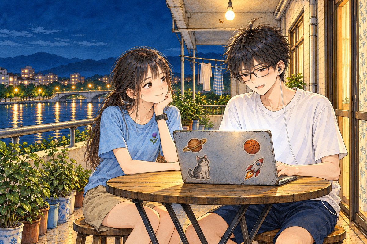 Night, the bulb warm on them, a moth by the bulb. Haoran on the RIGHT still looks at the screen, talking. Xiaoyu on the LEFT has turned her head and looks at HIM, chin on her hand, a small smile. Two faces in the middle band. The dark sky and the bulb above are the quiet area.