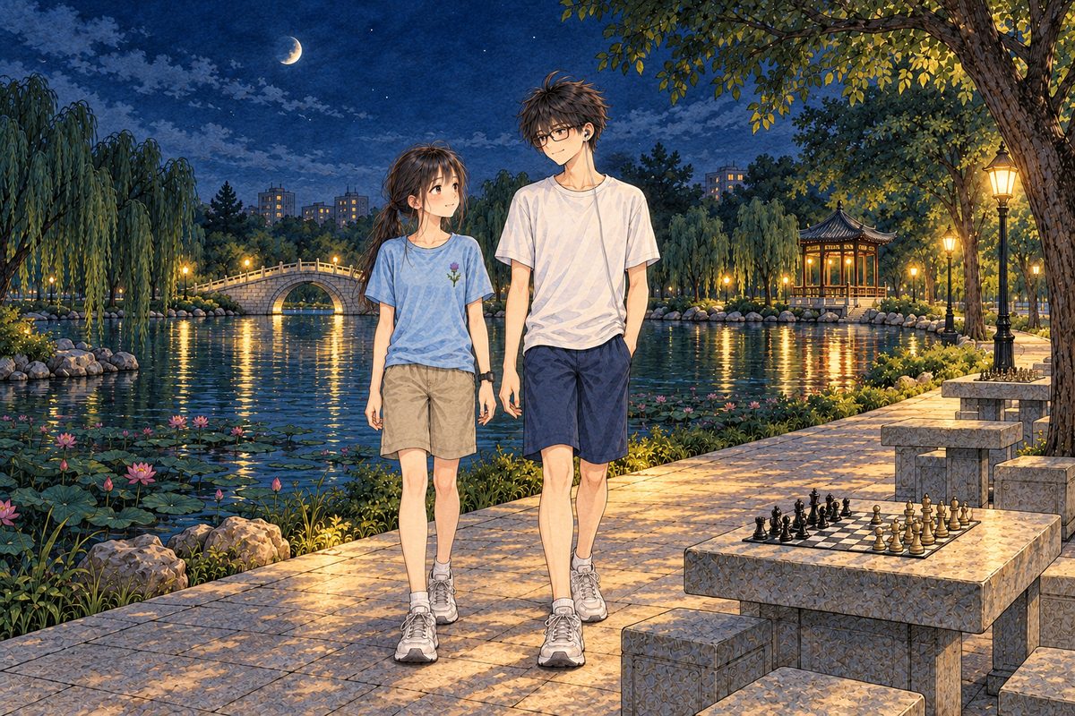 Saturday night, half past nine, warm and still, a dark blue sky with a thin moon, a few lamps along the path making gold pools on the water, the pink lotus dark on the lake, the willows black. Xiaoyu and Haoran walk side by side along the path towards the small arched stone bridge, Xiaoyu on the LEFT, Haoran on the RIGHT, their hands almost touching. Two faces small in the middle band. The night sky above is the quiet area.