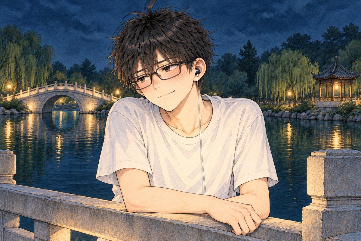 Night on the arched stone bridge, lamplight from below on his face, the dark lake behind. Haoran leans on the stone rail and looks LEFT at Xiaoyu off panel, shy, nervous. His earbud in his LEFT ear, on the viewer's right. His face in the middle of the panel. The stone rail below is the quiet area.