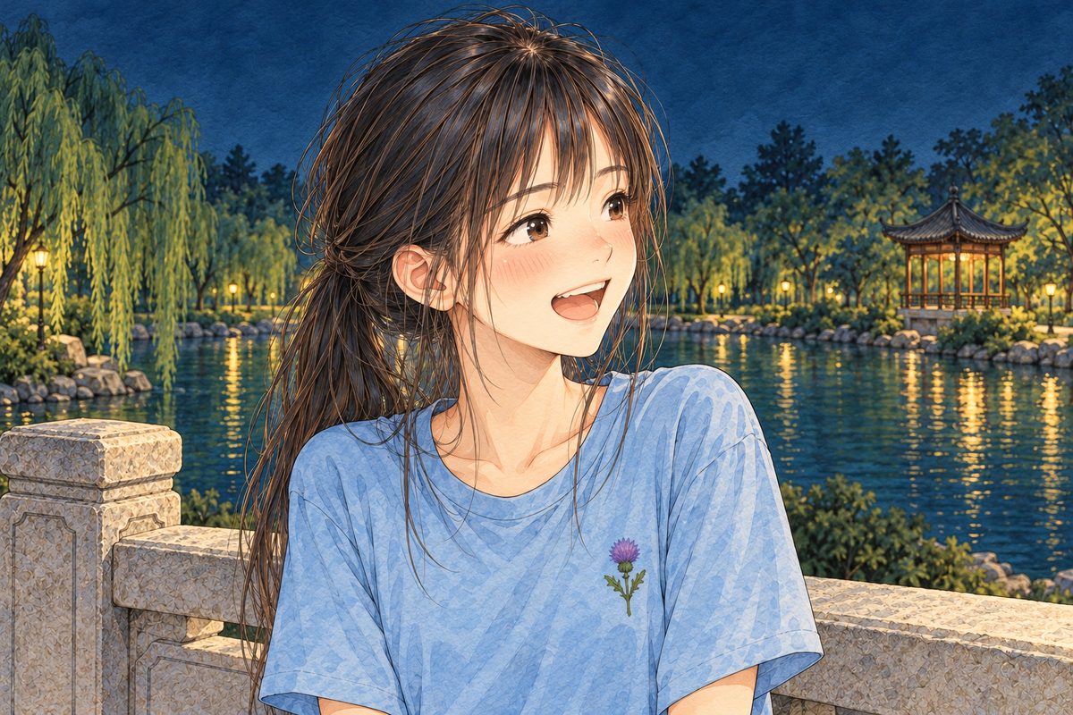 Night on the bridge, lamplight on her face. Xiaoyu looks RIGHT at Haoran off panel and laughs, teasing. Her face in the middle of the panel. The stone rail below is the quiet area.