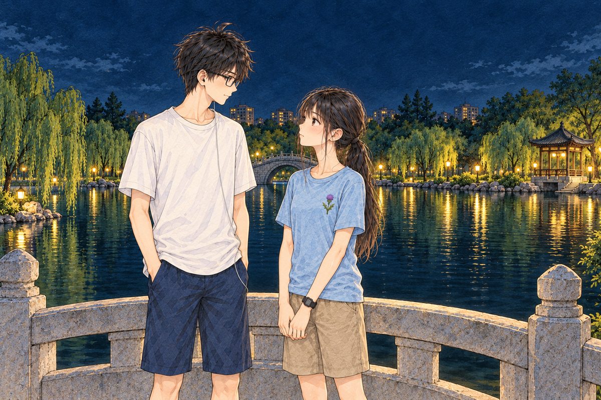 Night on the stone bridge, the lamps below and the black water behind. Haoran on the LEFT has stopped smiling and looks at her, gentle and serious; Xiaoyu on the RIGHT has stopped laughing and looks up at him, still. They stand close. Two faces in the middle band. The night sky above is the quiet area.