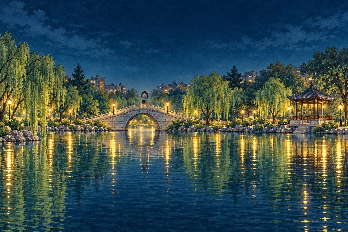 Night. Seen from far across the still lake: the small arched stone bridge in the middle of the picture, and on top of it two small dark figures, a tall boy and a girl, kissing, their faces too small to see. The lamps make gold lines on the water; the bridge stands on both banks. The wide night sky above is the quiet area.