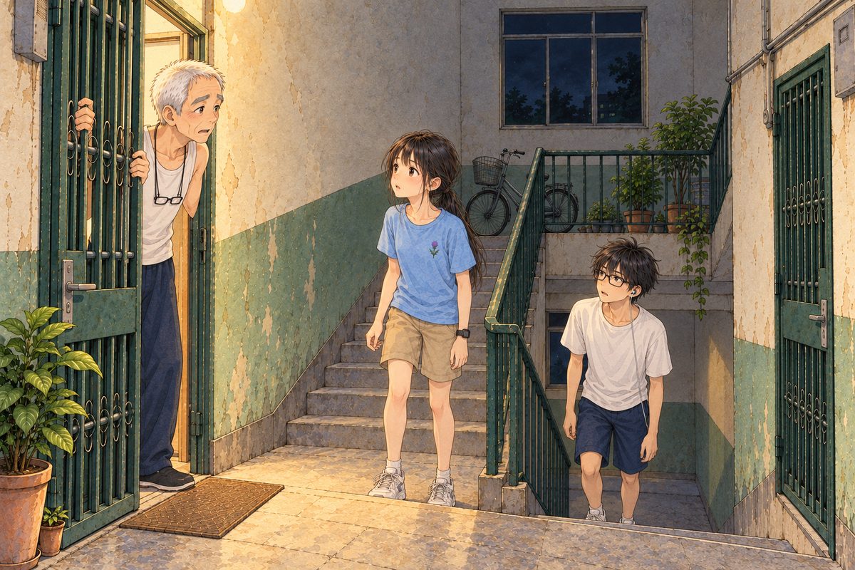Night, eleven o'clock, the landing bulb ON with a small warm glow, the high window black. Grandpa stands at his wide-open dark green gate on the LEFT in his white vest and dark trousers, no cardigan, his hands gripping the gate bars, frightened, peering down the stairs. Xiaoyu has just come up the last steps and stopped dead; Haoran is below her on the RIGHT. Three faces in the middle band. The black window and pale wall above are the quiet area.