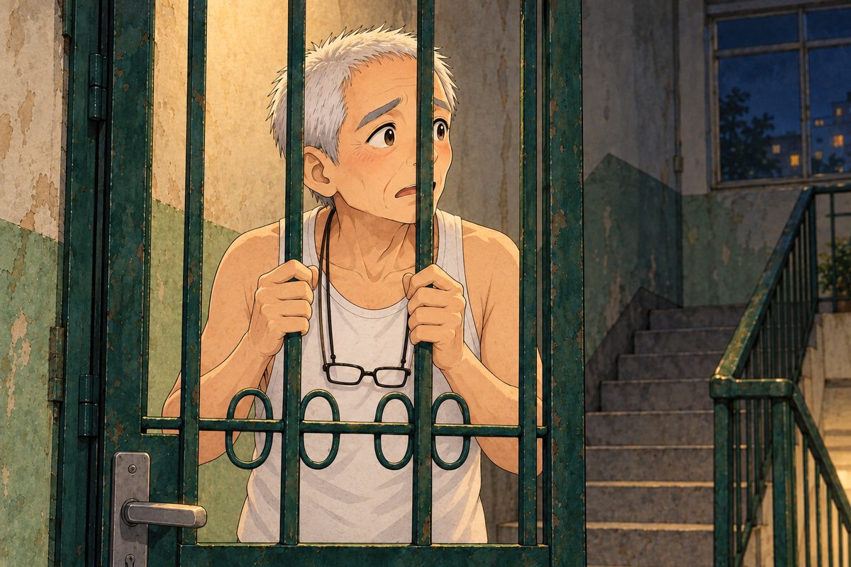 Night, the bulb's warm light from above. Grandpa looks RIGHT, lost and afraid, his hands on the gate bars. His face in the middle of the panel. His white vest below is the quiet area.