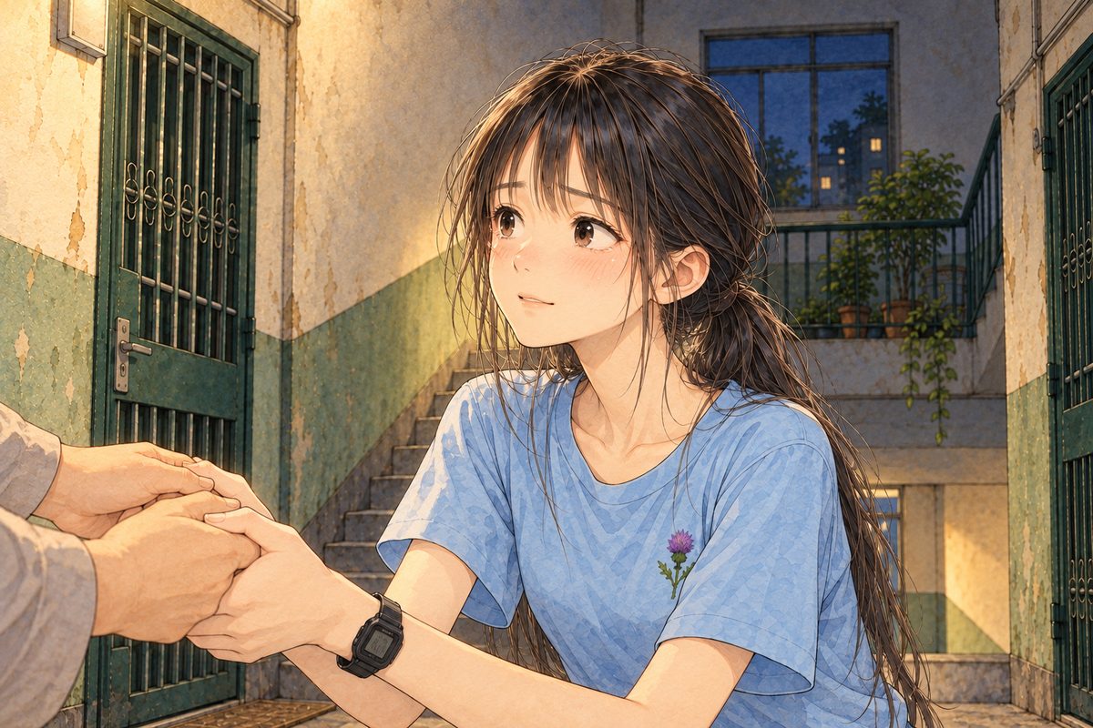 Night, the bulb above. Xiaoyu looks LEFT at Grandpa off panel, gentle and steady though her eyes are wet, reaching out with both hands. Her face in the middle of the panel. Her t-shirt below is the quiet area.