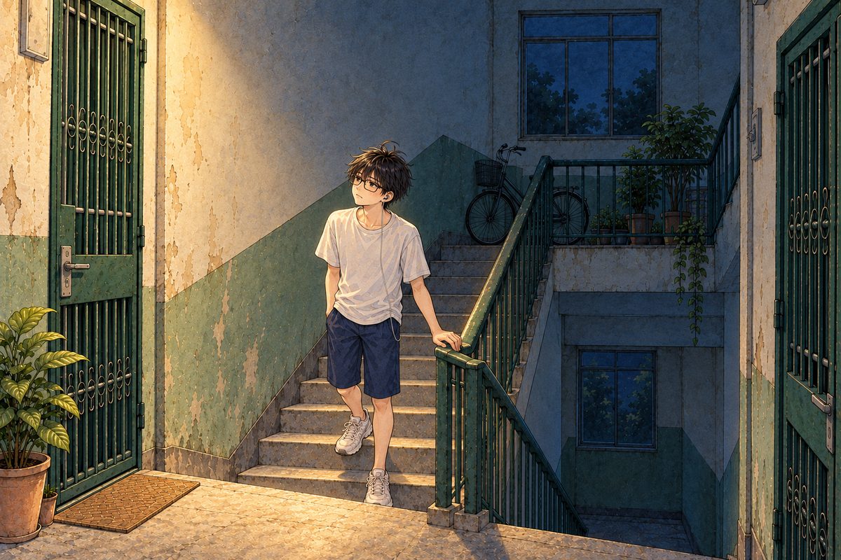 Night, the bulb's glow on the landing above him. Haoran stands three steps down with his RIGHT hand on the rail, looking up and LEFT at the gate, guilty and sorry; his earbud in his LEFT ear, on the viewer's right. His face in the middle band. The stairwell wall above is the quiet area.