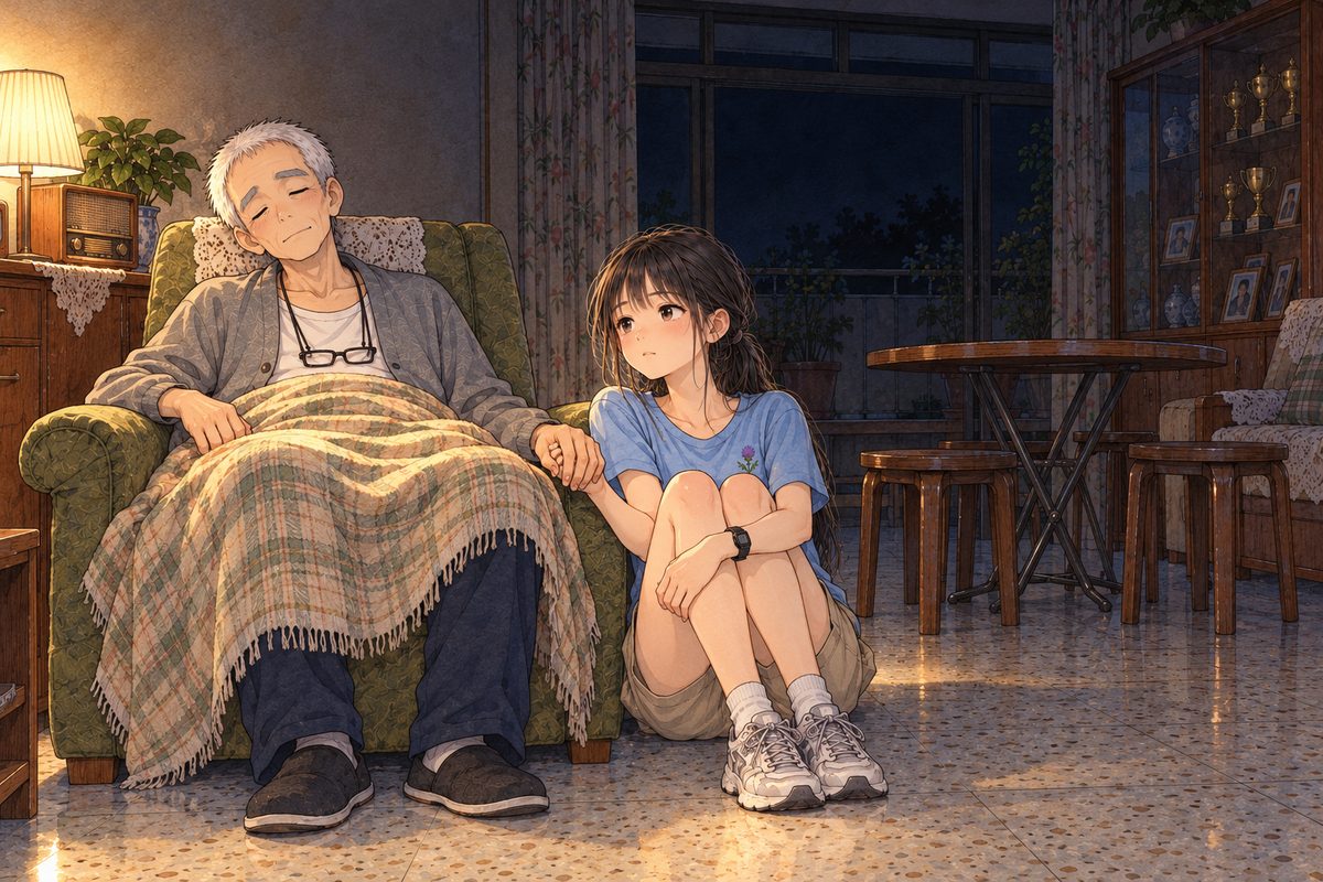 Midnight, only a small lamp on in the living room, the balcony doors dark. Grandpa sleeps in his olive-green armchair under a thin blanket, his face peaceful. Xiaoyu sits on the floor beside the chair with her knees up, holding his hand, awake, staring at nothing. Her black watch on her LEFT wrist. Two faces in the middle band. The dark wall above is the quiet area.