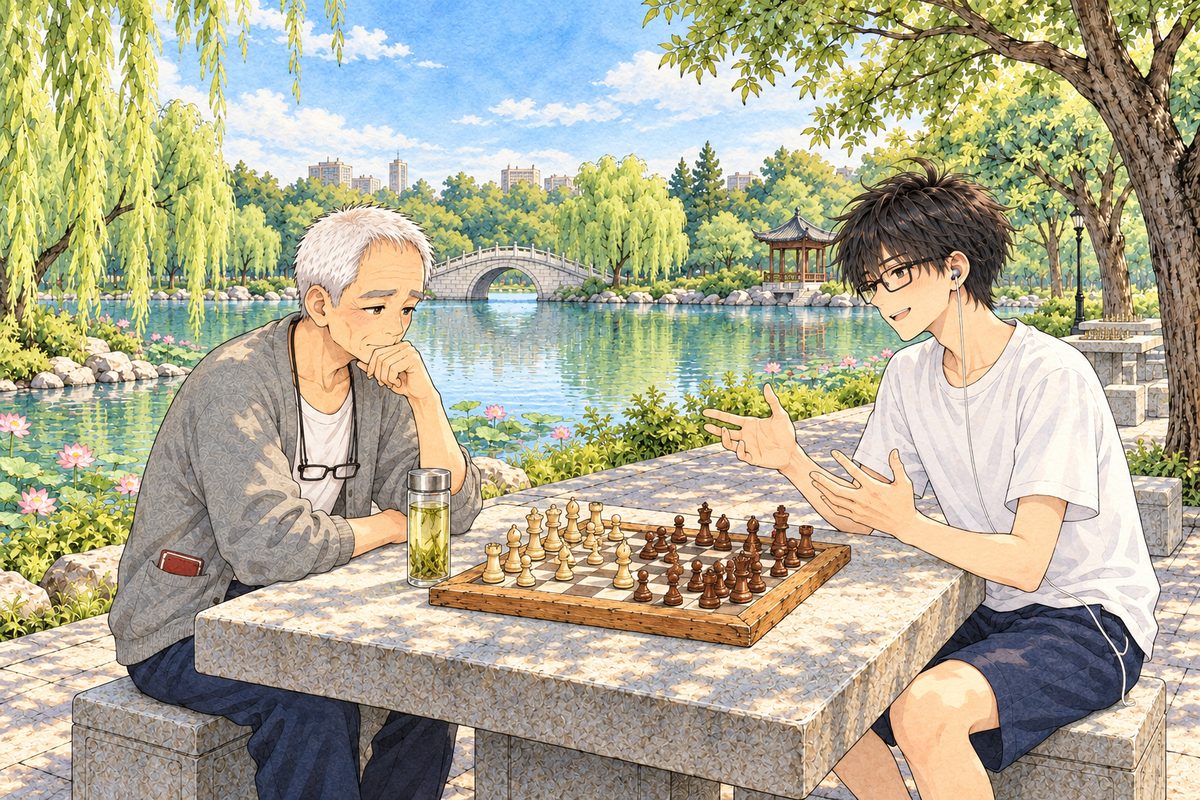 A hot afternoon, three o'clock, dappled light under the willows, the lake bright with lotus behind. Grandpa sits at the square stone table on the LEFT in his grey cardigan and Haoran on the RIGHT in his white t-shirt, playing chess, each with his own pieces nearest him, a tall glass of tea by Grandpa. Haoran talks with his hands; Grandpa frowns at the board. Two faces in the middle band. The willows and the bright sky above are the quiet area.