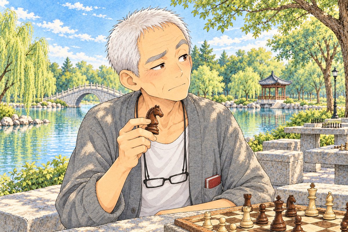 Dappled afternoon light. Grandpa looks RIGHT at Haoran off panel, one bushy eyebrow up, unimpressed, a knight held in his RIGHT hand. His glasses on their cord at his chest. His face in the middle of the panel. His cardigan below is the quiet area.
