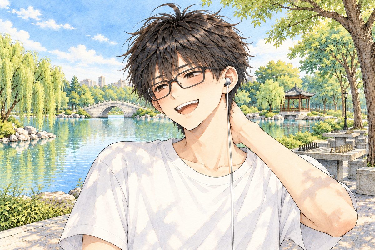 Dappled afternoon light. Haoran laughs out loud, looking LEFT at Grandpa off panel, a hand on the back of his neck. His earbud in his LEFT ear, on the viewer's right. His face in the middle of the panel. His t-shirt below is the quiet area.
