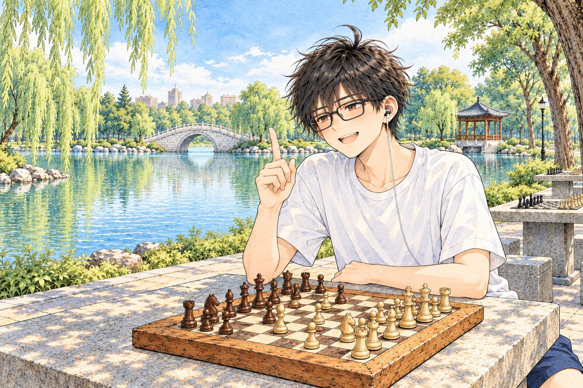 Hot afternoon, dappled light. Haoran sits at the RIGHT end of the stone table with his elbows on it, explaining with one finger raised, cheerful, looking LEFT at Grandpa off panel. His face in the lower middle of the panel. The willows above him are the quiet area for the box.