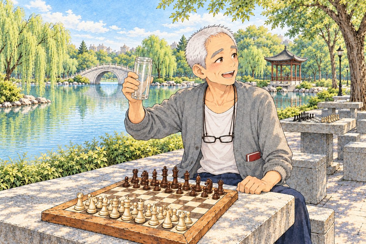 Hot afternoon, dappled light. Grandpa holds up his empty tall tea glass in his RIGHT hand and turns RIGHT towards the bench off panel, calling out cheerfully. His face in the middle band. The willows above are the quiet area.