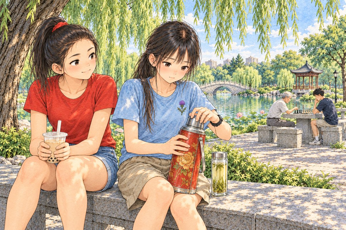 Hot afternoon, half past three, shade under the willow. Lili on the LEFT sits on a stone bench with a paper cup of milk tea, looking at Xiaoyu sideways; Xiaoyu on the RIGHT unscrews the red-and-gold flowered thermos to fill Grandpa's glass. Far behind them, small, the stone table with Grandpa and Haoran. Two faces in the middle band. The willow branches above are the quiet area.