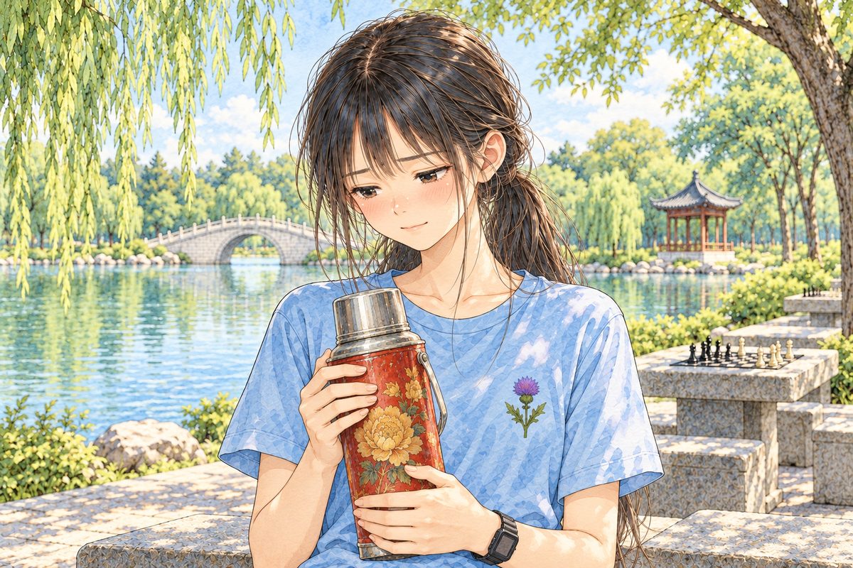 Shade under the willow. Xiaoyu holds the thermos in both hands, looking down at it, a small sad smile. Her face in the middle of the panel. The thermos below is the quiet area.
