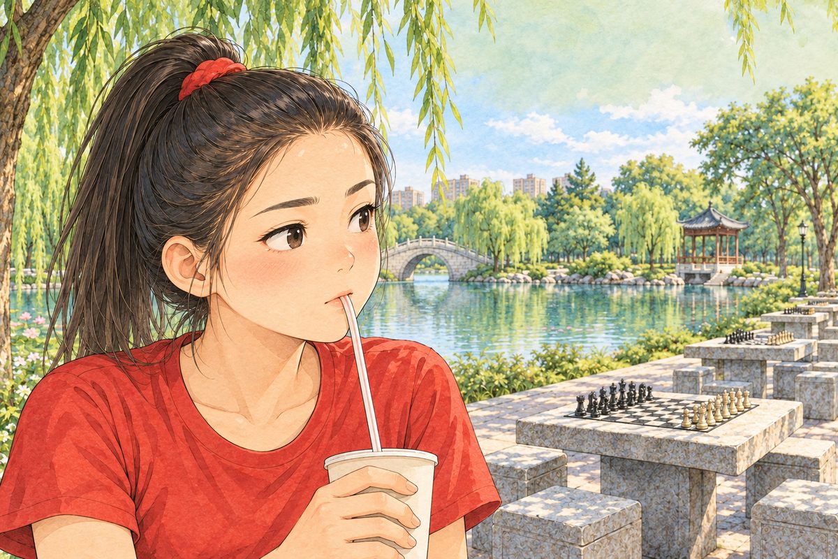 Shade under the willow. Lili looks RIGHT, past Xiaoyu, towards Haoran at the far table, her straw in her mouth, thoughtful. Her face in the middle of the panel. Her red t-shirt below is the quiet area.