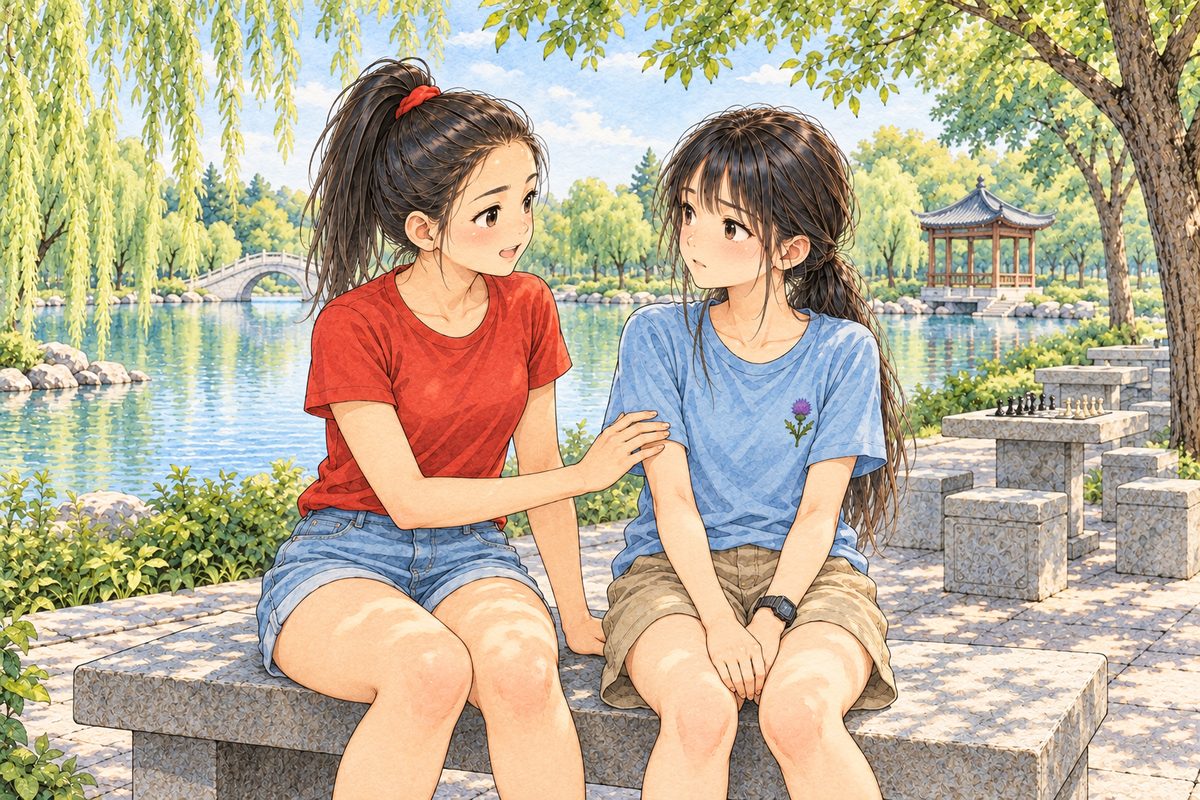 Hot afternoon, shade. Lili on the LEFT has turned to face Xiaoyu, kind and frank, one hand on Xiaoyu's arm. Xiaoyu on the RIGHT looks back at her. Two faces in the middle band. The willow branches above are the quiet area.