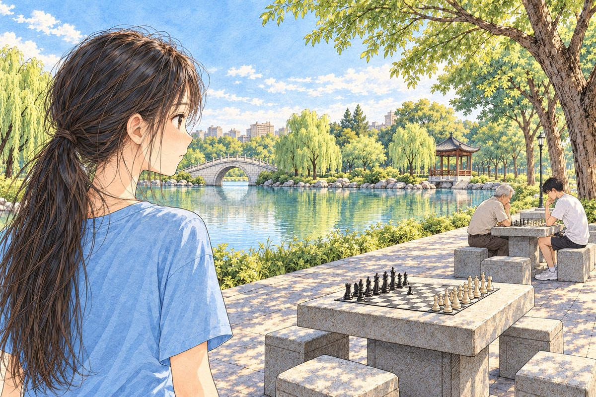 Hot afternoon. From just behind Xiaoyu's RIGHT shoulder, the back of her head and her face in profile on the LEFT; far ahead on the RIGHT, small and sunlit, the stone table with Grandpa on one side and Haoran on the other, bent over the board. Her face in the middle band. The bright willows and sky above are the quiet area.