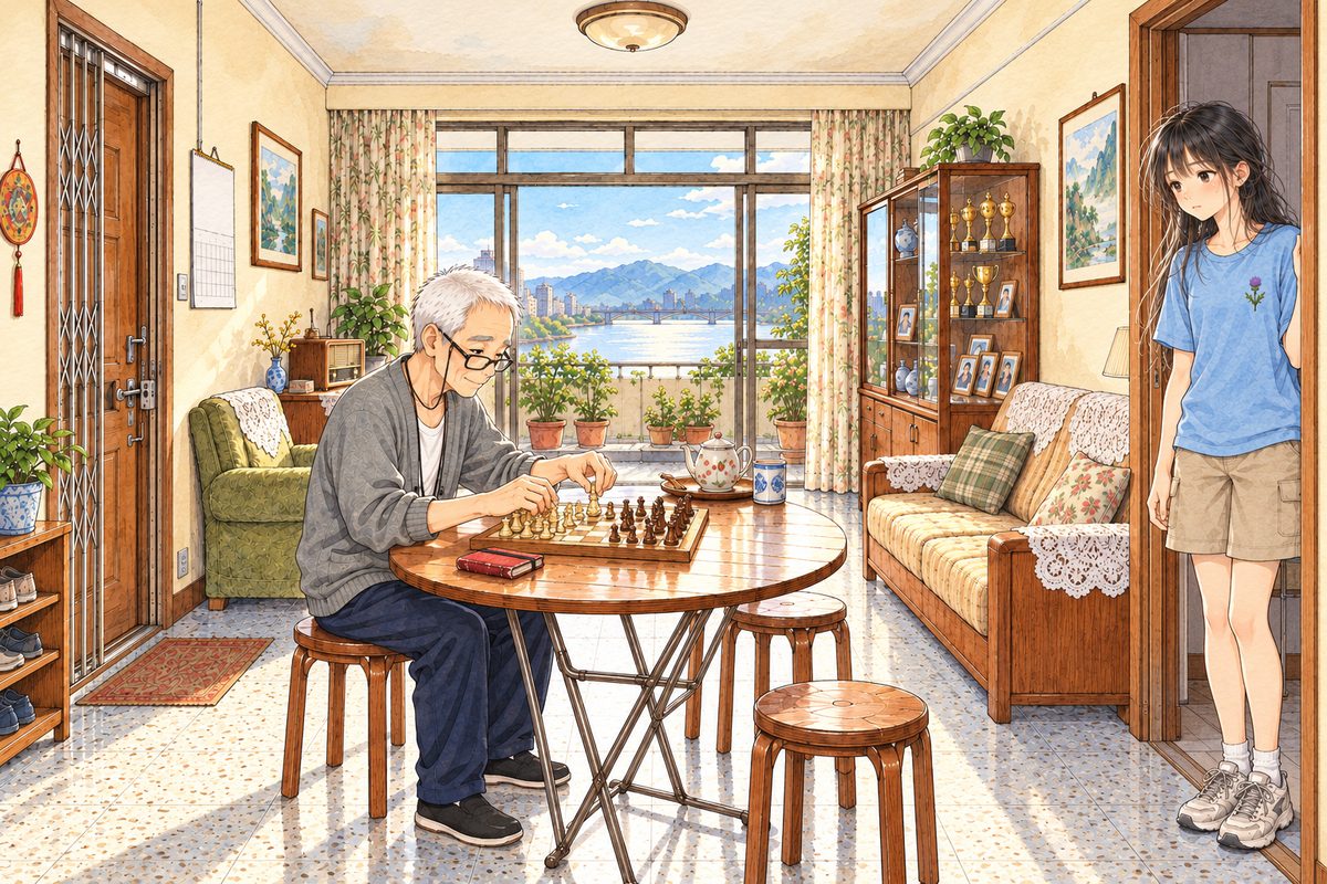 Saturday morning, eight o'clock, the brightest sun of the summer through the balcony doors. Grandpa sits at the round table on the LEFT, already dressed in his grey cardigan, his glasses ON his nose, setting out the chess pieces on the board with quick sure hands; his small red notebook lies CLOSED beside the board, its elastic band round it. Xiaoyu stands in the doorway of her little room on the RIGHT in her sky-blue t-shirt, sleepy, her hair loose, watching him. Two faces in the middle band. The cream wall above is the quiet area.