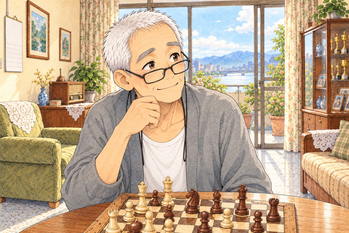 Bright morning. Grandpa looks up from the board to the RIGHT at Xiaoyu off panel, his eyes clear and bright, a warm sure smile, his glasses pushed down his nose. His face in the middle of the panel. His cardigan below is the quiet area.