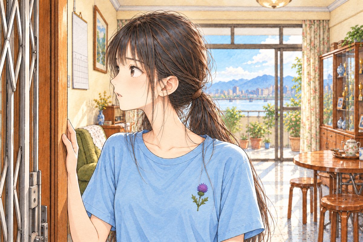 Bright morning. Xiaoyu stands very still in the doorway with one hand on the frame, looking LEFT at Grandpa off panel, her eyes wide, wide awake now. Her face in the middle of the panel. Her t-shirt below is the quiet area.