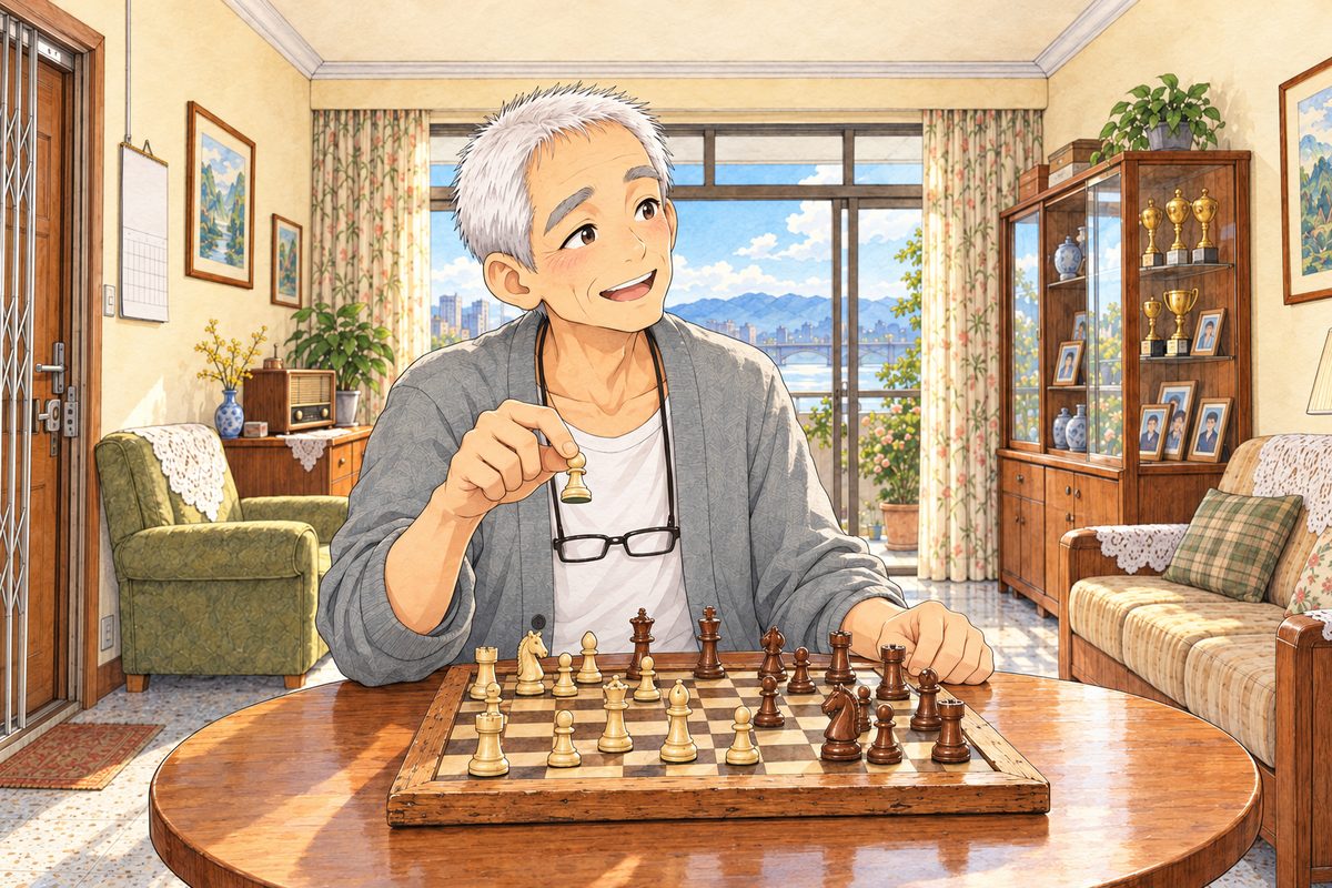 Bright morning. Grandpa holds up a white pawn between finger and thumb of his RIGHT hand and taps the board with it, eager and proud, looking RIGHT at Xiaoyu off panel. His face in the middle band. The cream wall above is the quiet area.